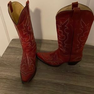 Red leather cowboy boots.
